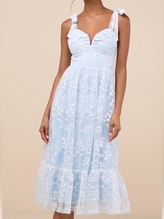 Lulus Dresses & Skirts - Lulu's Distinctly Sweet Blue Floral Embroidered Tie Strap Midi Dress